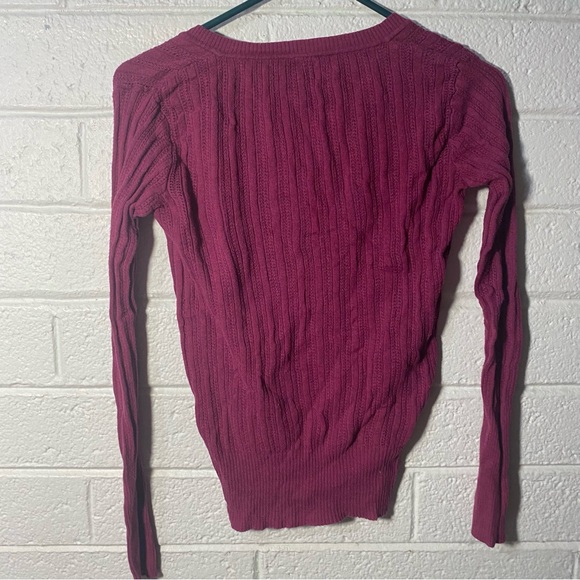 100% Cotton Love by Design Open Knit Sweater V Neck Stretch Longsleeve Fuschia M - Picture 2 of 9